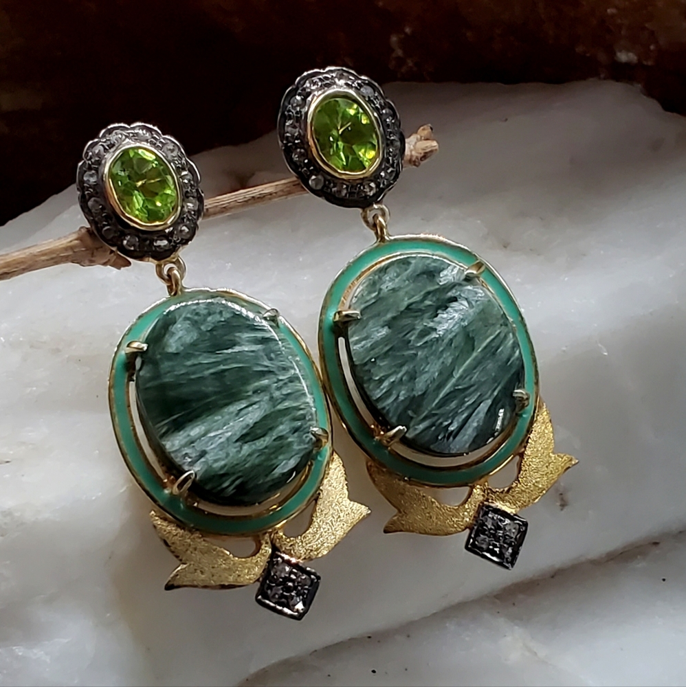 Solid Sterling Silver 925/18kt Gold Earrings Genuine Seraphinite Gem